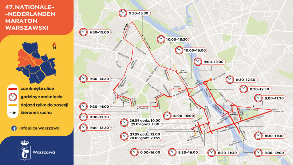 Mapa z trasą 47. Narodowego Maratonu Warszawskiego z zaznaczonymi zamkniętymi ulicami i godzinami.