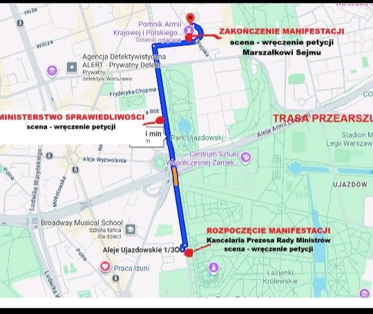 Mapa przedstawiająca trasę manifestacji z Kancelarii Prezesa Rady Ministrów do Marszałkowskiego Sejmu, z zaznaczonymi punktami wręczenia petycji.