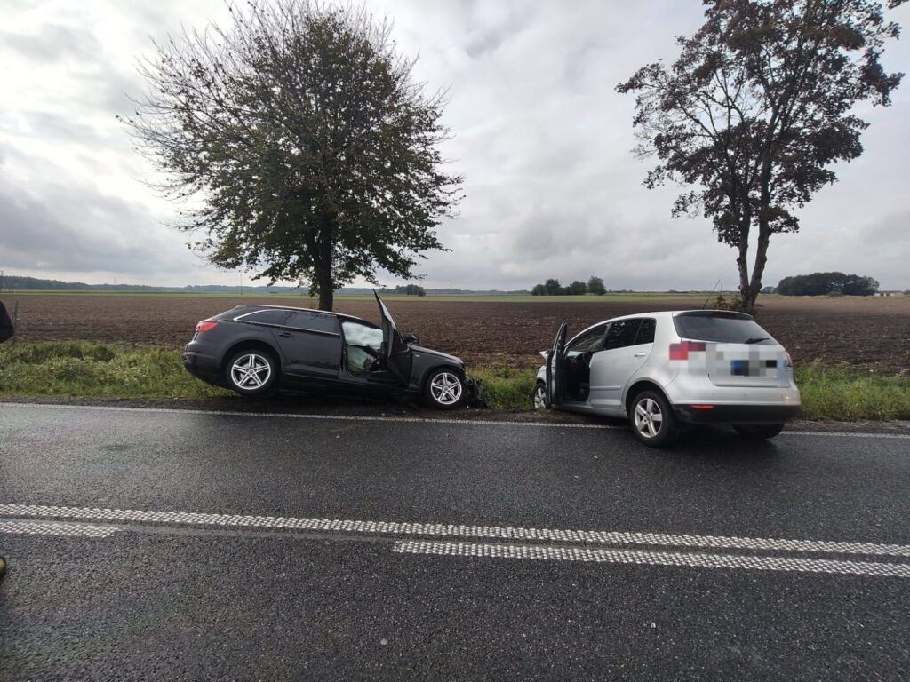 Dwa uszkodzone samochody osobowe stoją na poboczu drogi, jeden z nich z otwartymi drzwiami, w tle pola i chmurne niebo.