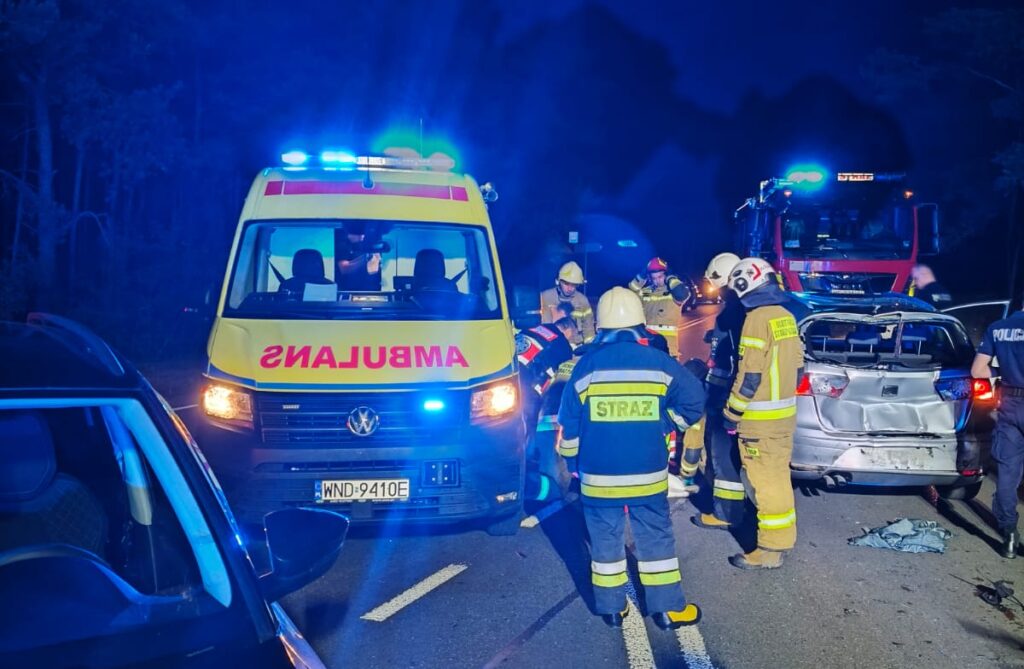 Ratownicy medyczni i strażacy udzielają pomocy poszkodowanym na drodze, obok włączonej karetki i uszkodzonych pojazdów.