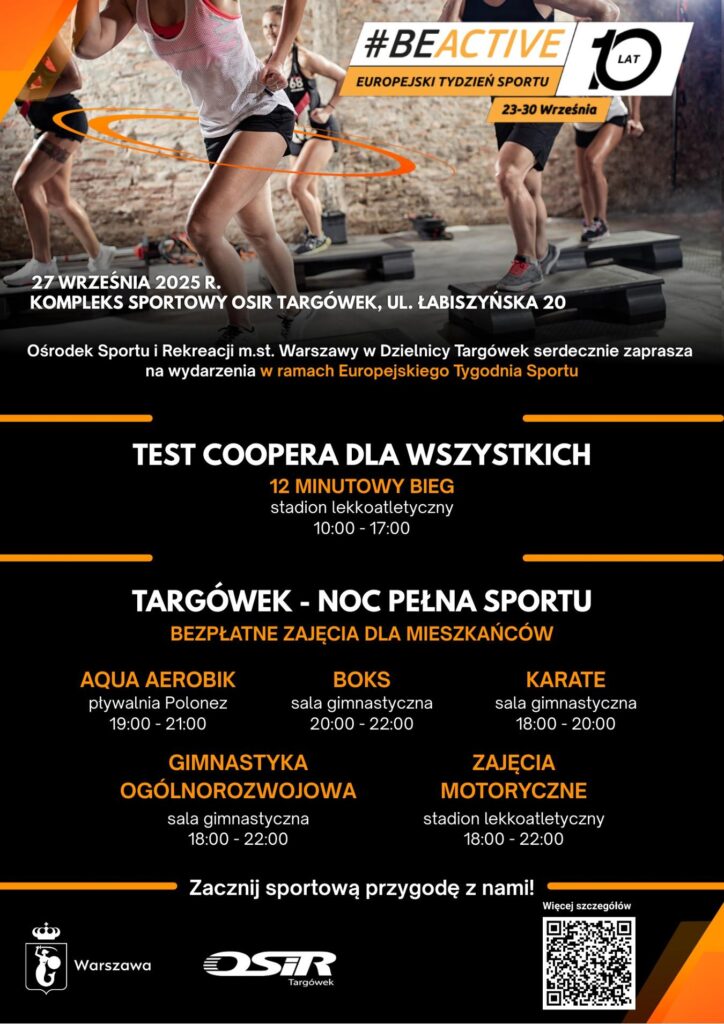 Plakat promujący wydarzenie sportowe z informacjami o zajęciach, datach i godzinach w kompleksie sportowym.