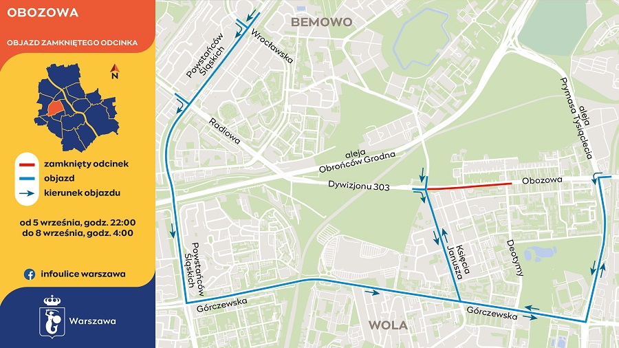 Mapa przedstawiająca zamknięty odcinek ulicy Obozowej w Warszawie oraz objazdy. Zaznaczone kierunki i zamknięty odcinek.