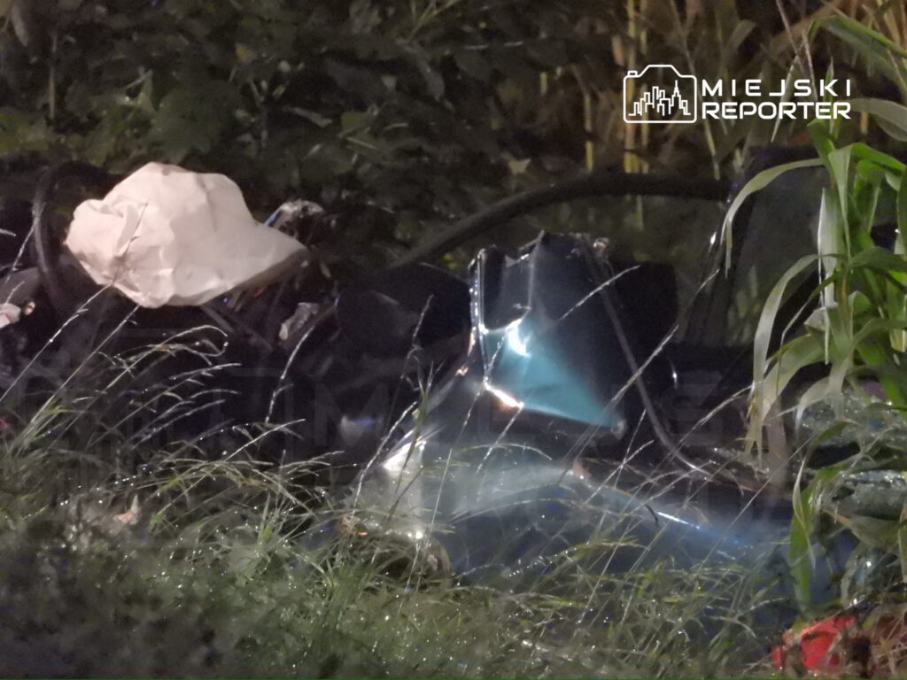 Zniszczony samochód leży w zaroślach, a w środku widać otwartą poduszkę powietrzną.