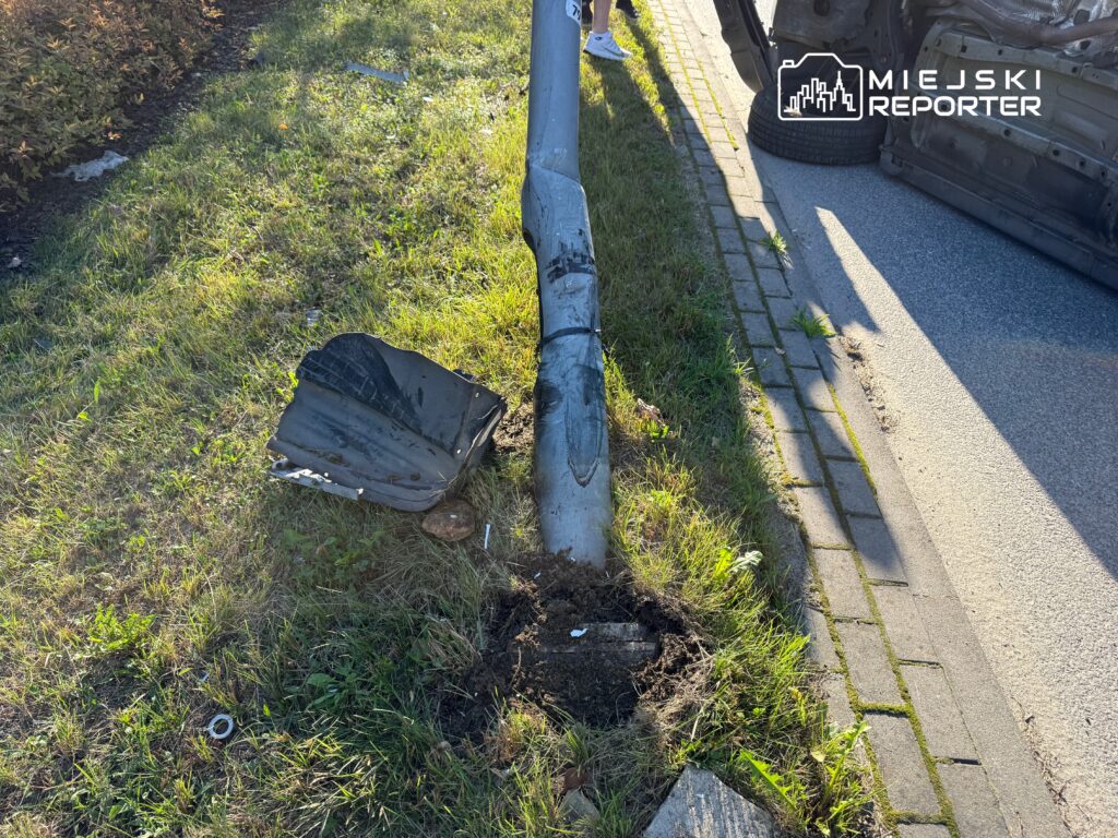 Złamana latarnia uliczna leży na trawie obok uszkodzonego samochodu, na poboczu drogi.