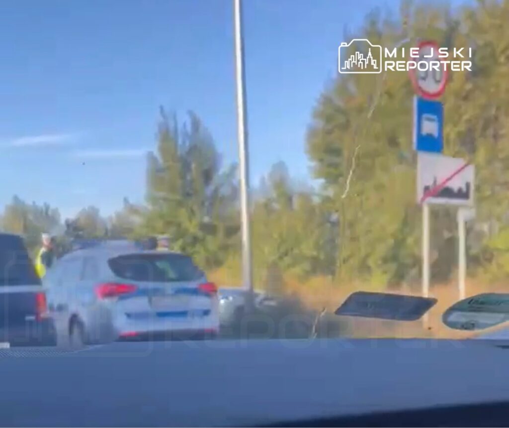 Policjant w kamizelce odblaskowej kieruje ruchem na drodze obok zaparkowanych pojazdów i znaków drogowych.