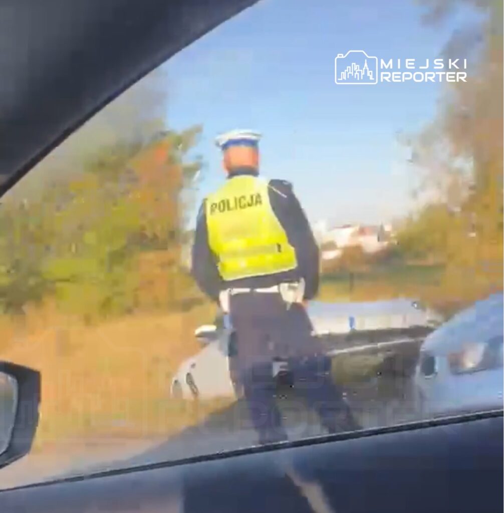 Policjant w kamizelce odblaskowej kontroluje ruch drogowy obok zatrzymanego pojazdu na poboczu drogi.