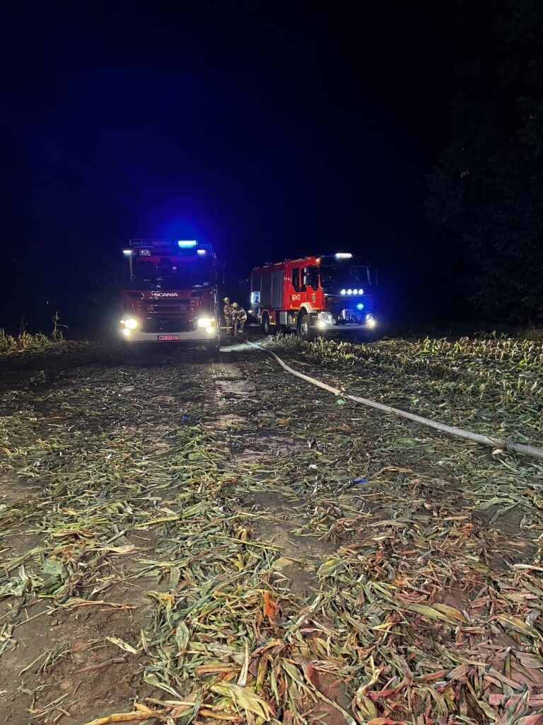 Dwa wozy strażackie z włączonymi sygnałami świetlnymi na polnej drodze nocą, otoczone zeschłymi liśćmi.