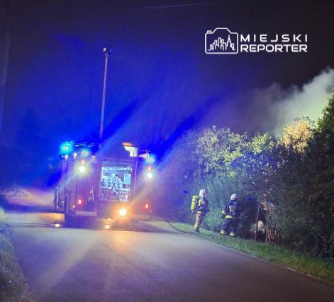 Strażacy w mundurach gaszą pożar w pobliżu drogi, obok wozu strażackiego z włączonymi sygnalizatorami.