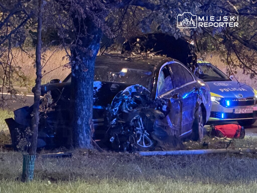 Zniszczony samochód osobowy uderzony w drzewo, obok policyjny radiowóz z włączonymi sygnałami świetlnymi.