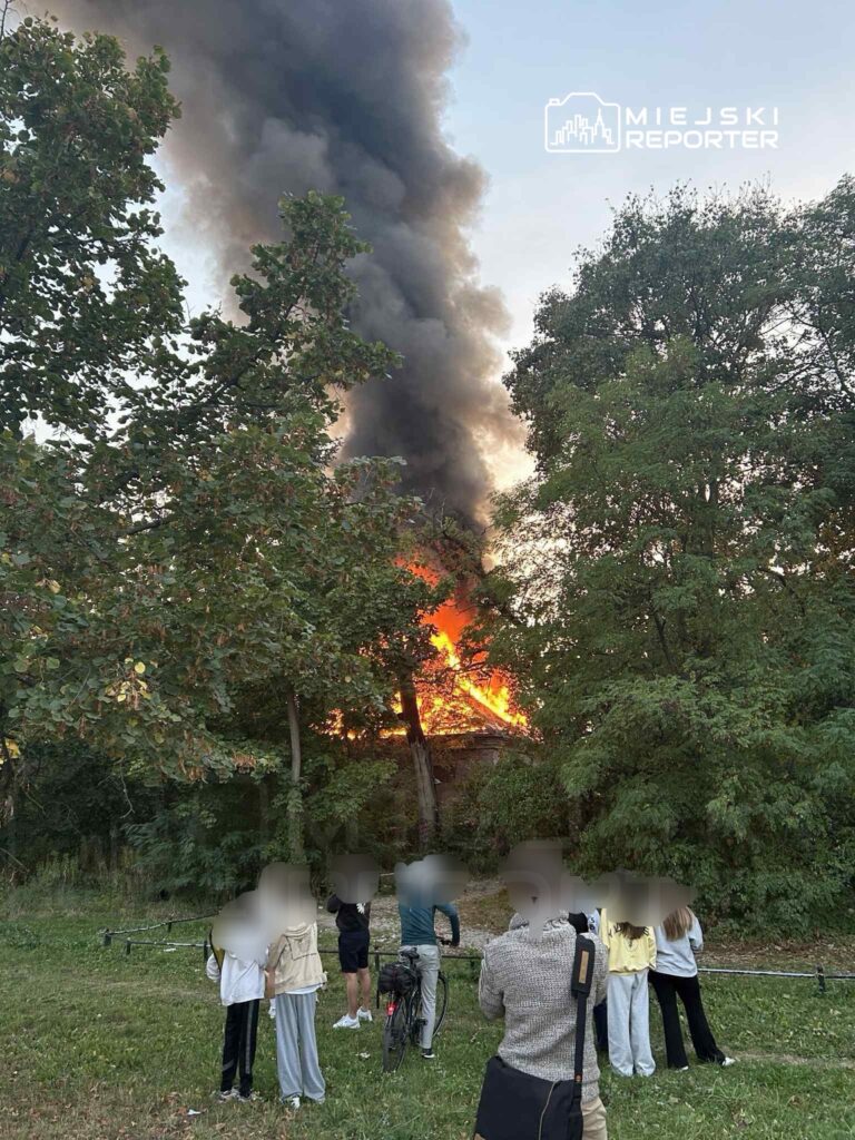 Grupa osób obserwująca pożar budynku, z którego unosi się czarny dym, w otoczeniu drzew i trawy.