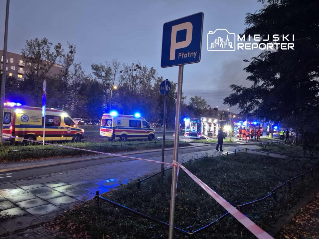 Karetki pogotowia z włączonymi sygnałami świetlnymi stoją przy ulicy, a obok pracują strażacy w mundurach.