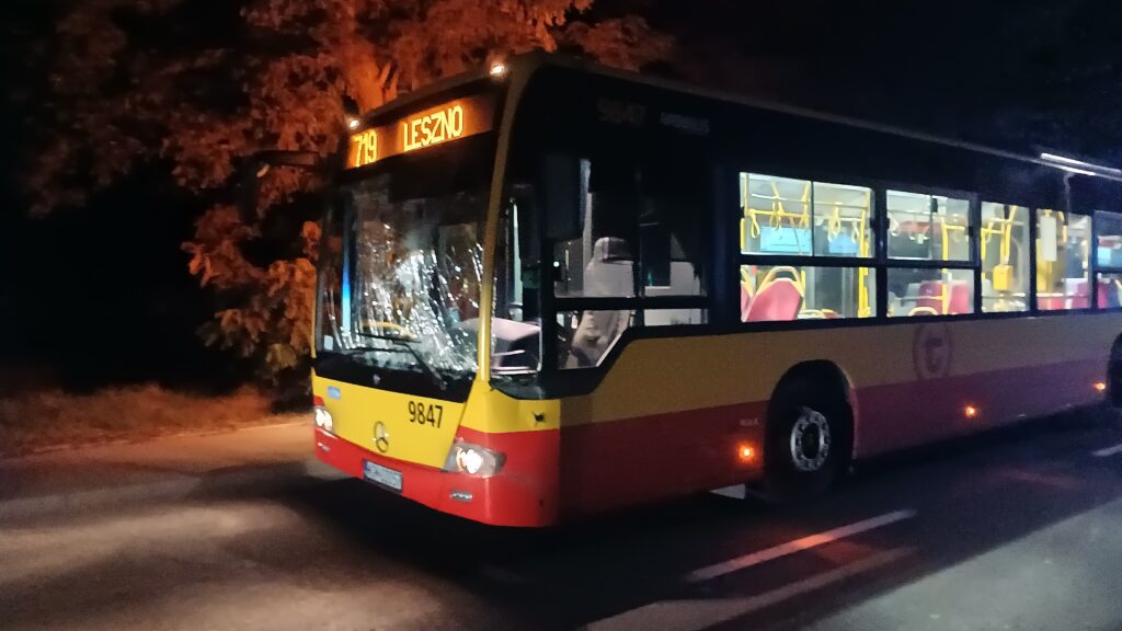 Autobus miejski z numerem linii 719 zatrzymany na nocnej ulicy, oświetlony przez lampy, otoczony drzewami.