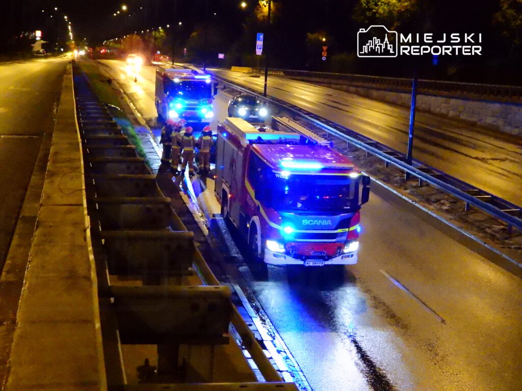 Grupa strażaków w mundurach omawia sytuację obok wozu strażackiego na oświetlonej nocą drodze.