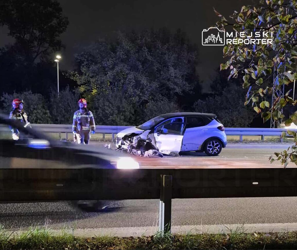 Dwaj strażacy w hełmach badają uszkodzony samochód osobowy na poboczu drogi w nocy.