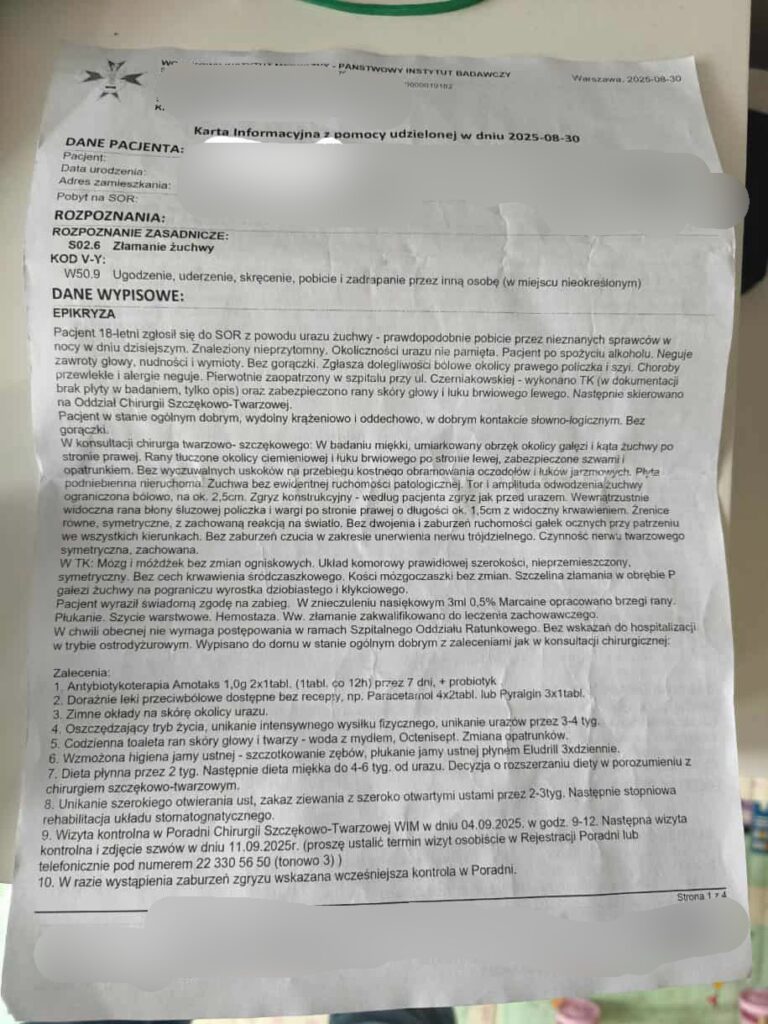 Dokument medyczny z informacjami o pacjencie, zawierający zalecenia dotyczące leczenia i rehabilitacji.