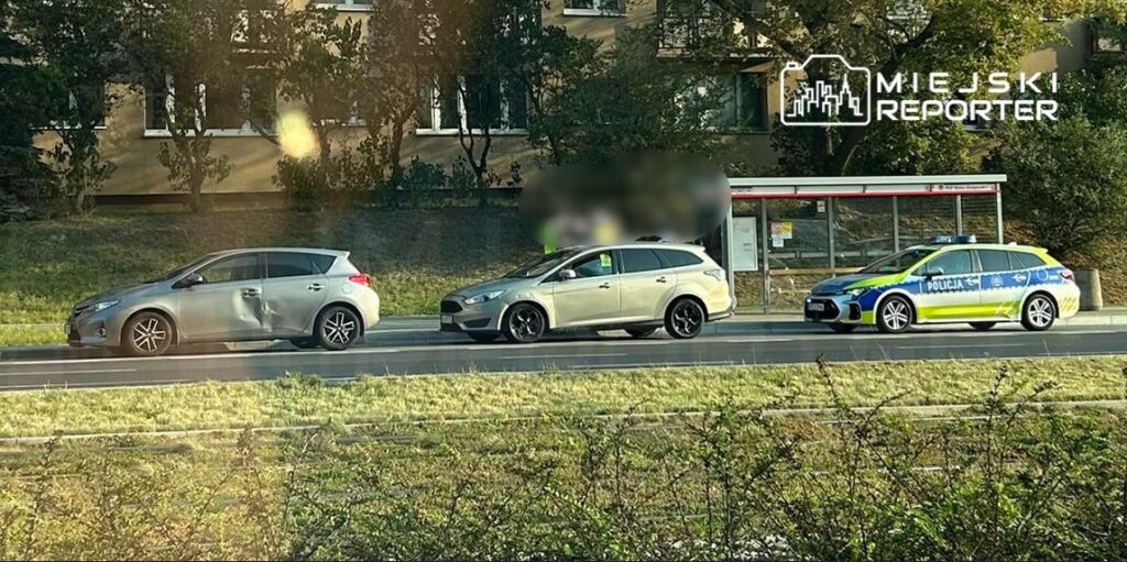 Trzy samochody zatrzymane na drodze, w tym radiowóz policyjny, obok przystanku autobusowego. W tle roślinność i budynki.