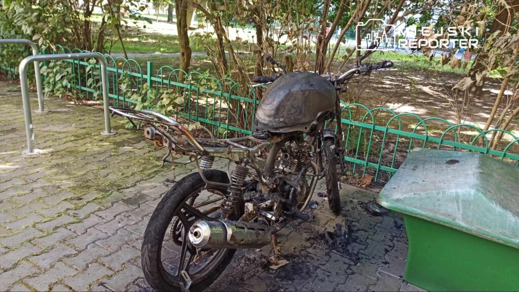 Spalony motocykl porzucony na chodniku w parku, otoczony zielonymi krzewami i metalowym ogrodzeniem.
