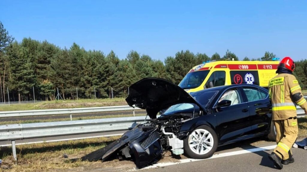 Czarny samochód osobowy z otwartą maską stoi na poboczu drogi, obok niego strażak w mundurze. W tle widoczna karetka.