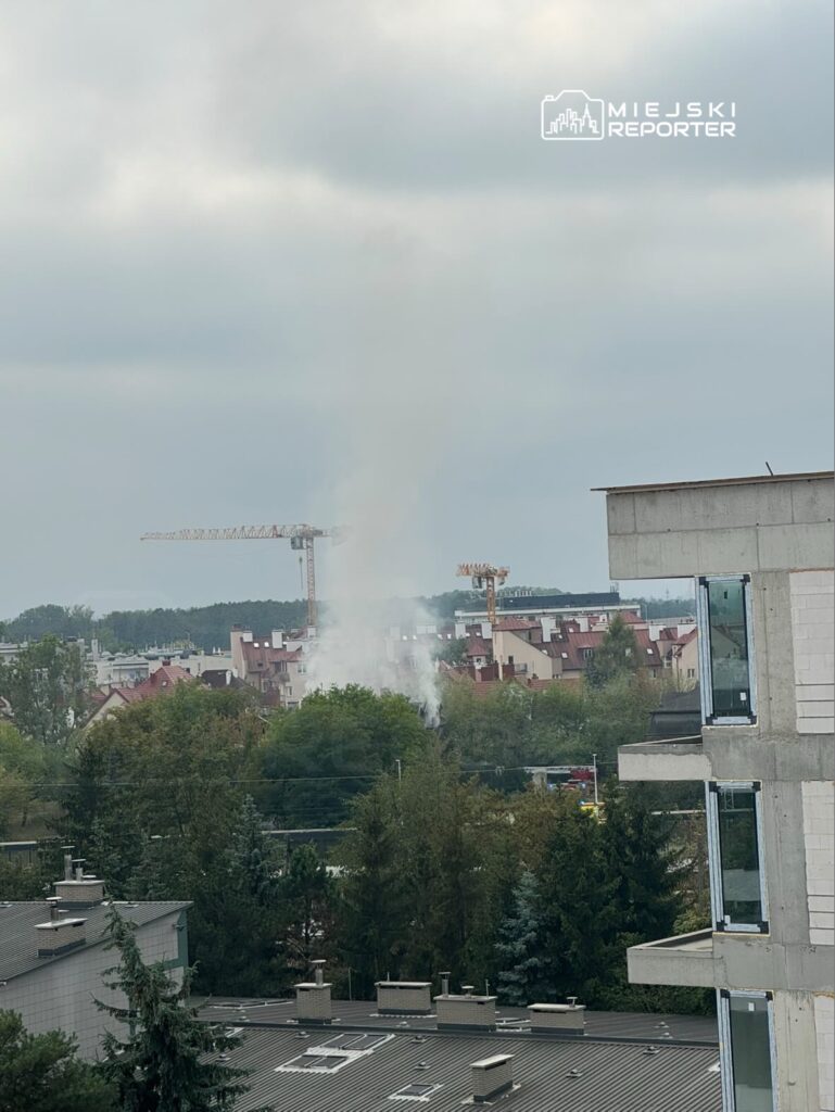 W tle widoczny dym unoszący się nad zabudowaniami mieszkalnymi, w otoczeniu drzew i dźwigów budowlanych.