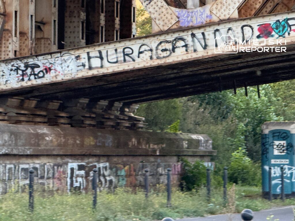 Zardzewiała konstrukcja mostu pokryta graffiti, w tle zarośnięta roślinnością i kontener z graffiti.