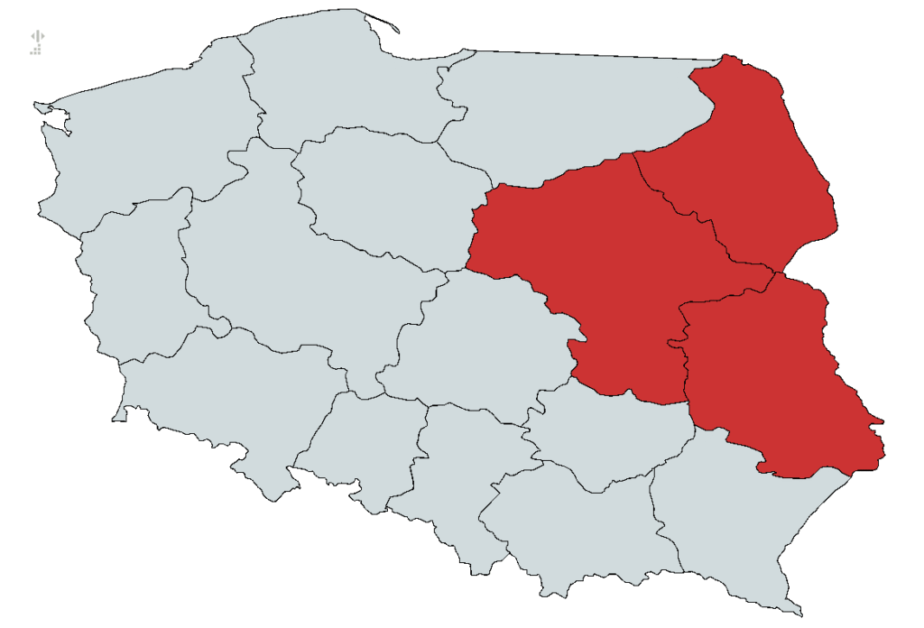 Mapa Polski z zaznaczonymi na czerwono wschodnimi województwami, reszta kraju w kolorze szarym.