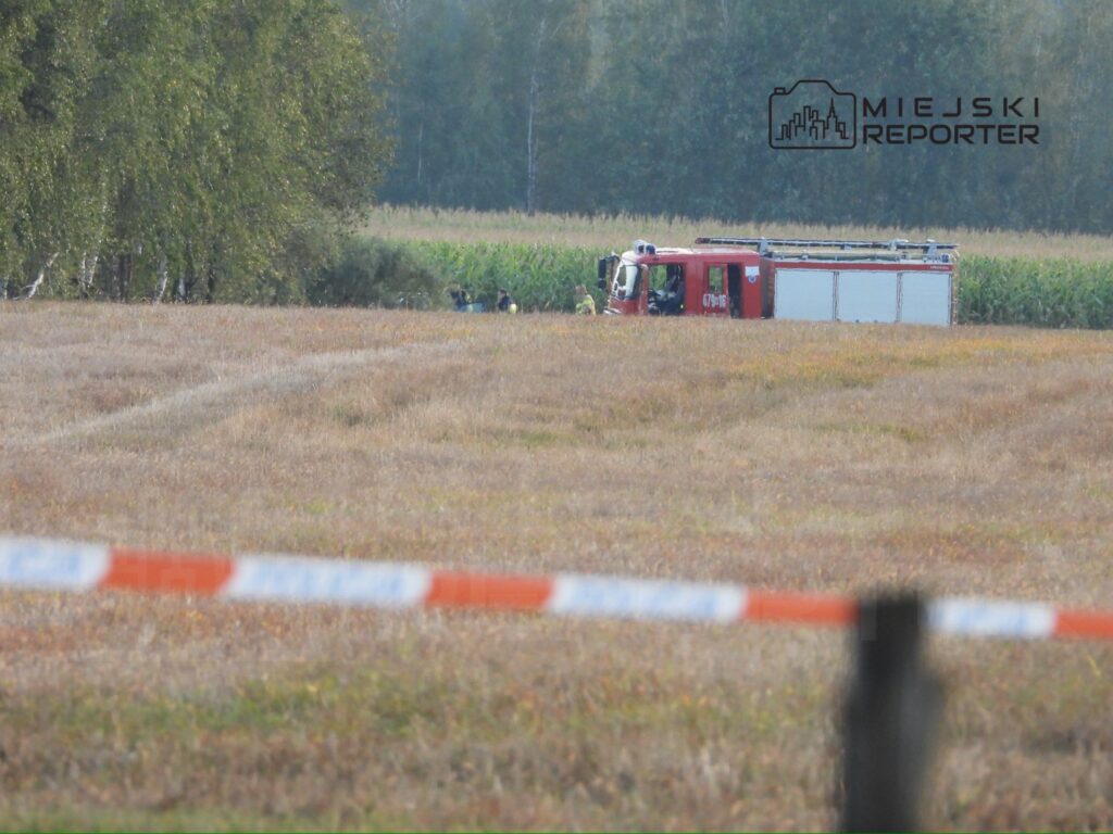 Strażacy przy wozie strażackim pracują na polu w pobliżu uprawy kukurydzy w słoneczny dzień.