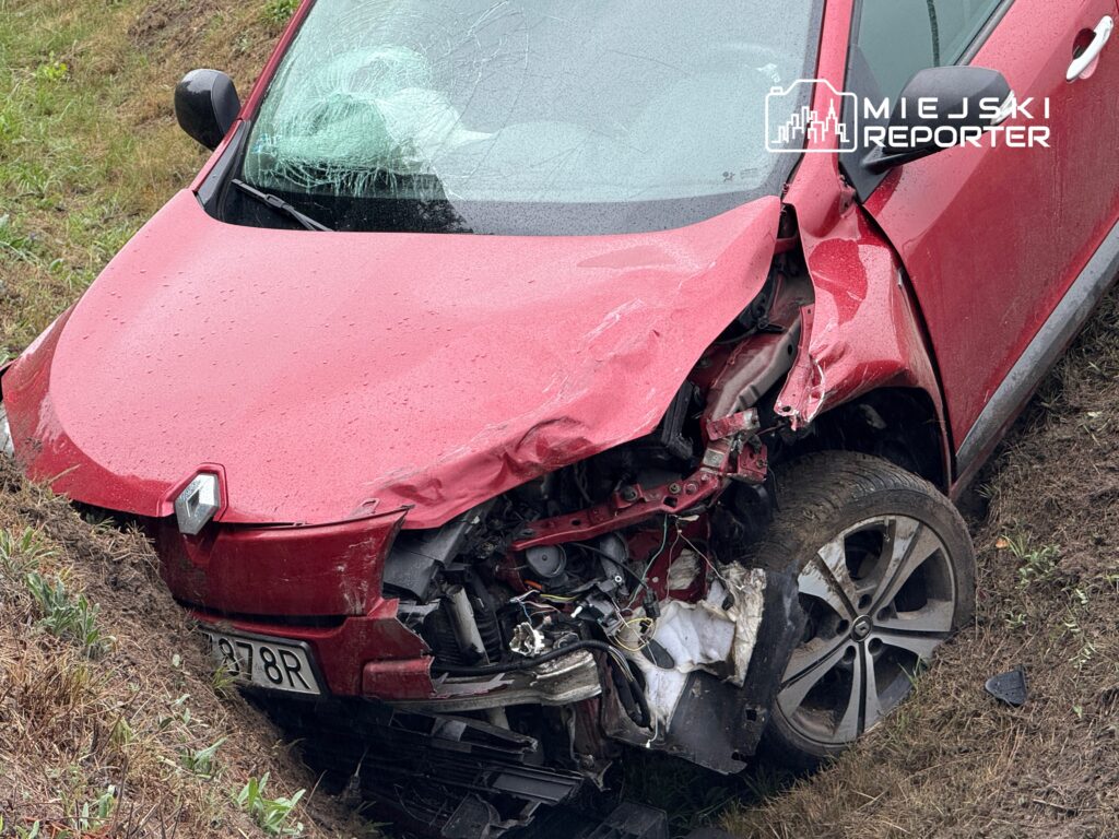 Czerwony samochód osobowy z uszkodzonym przodem stoi w rowie na mokrej nawierzchni, otoczony trawą.