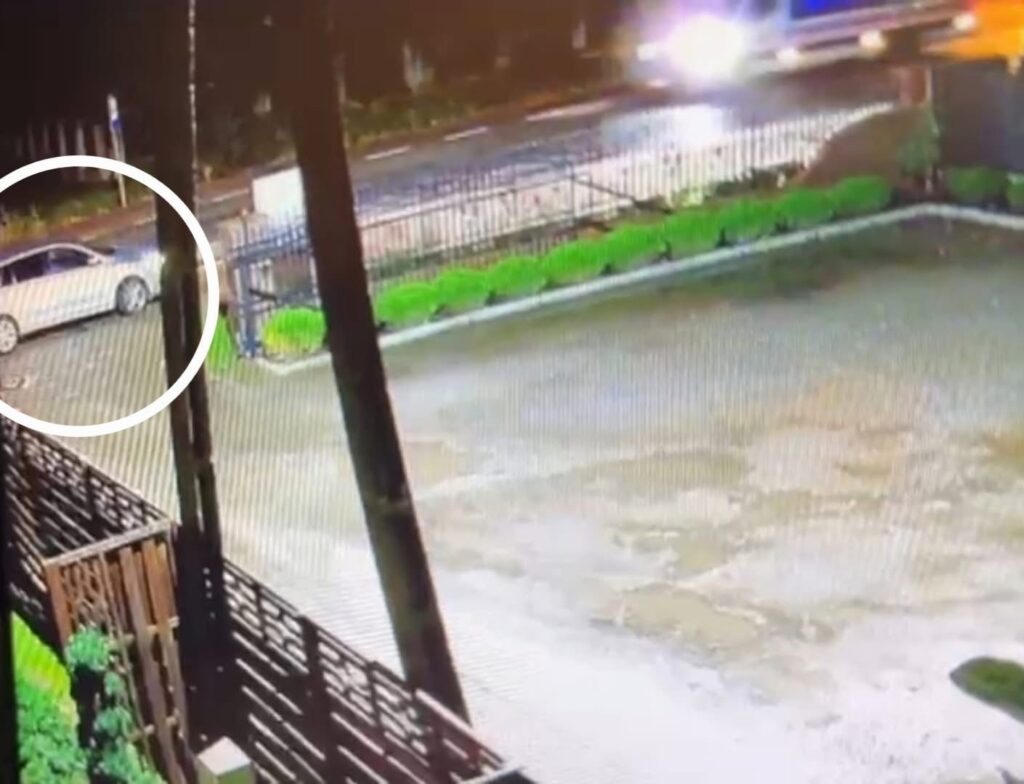 Biały samochód zaparkowany na pustym terenie, w tle widoczna ulica i ogrodzenie z roślinnością.
