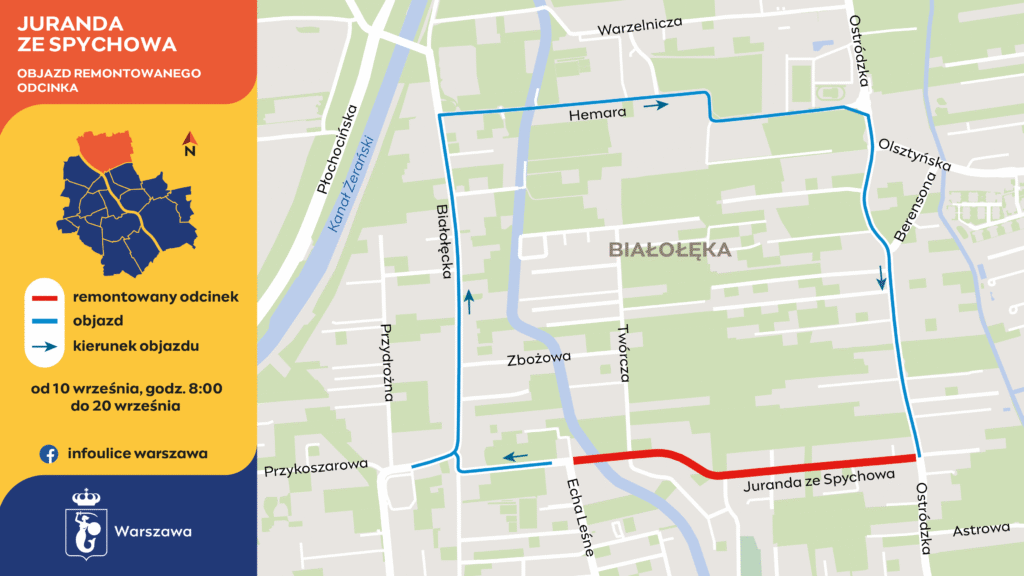 Mapa z oznaczeniem remontowanego odcinka ulicy Juranda ze Spychowa oraz objazdów.
