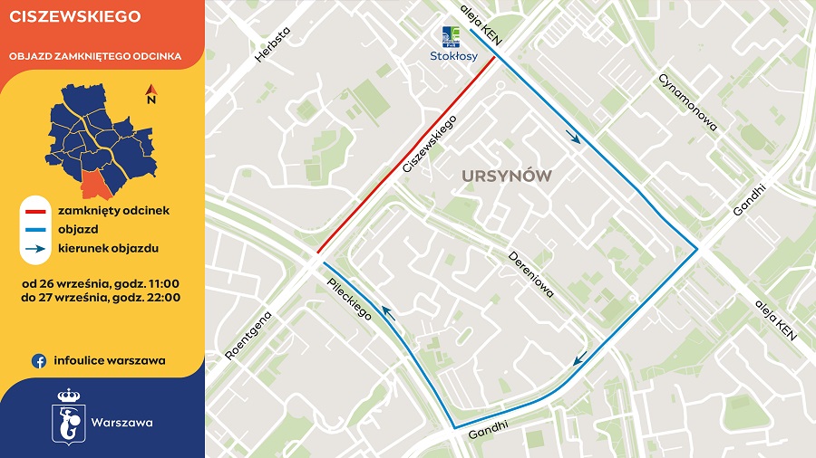 Mapa z informacją o zamkniętym odcinku ulicy Ciszewskiego oraz wskazówki dotyczące objazdu.