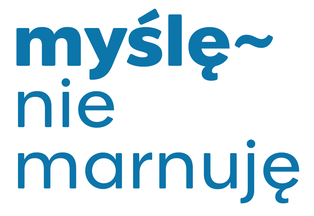Logo z napisem "myślę nie marnuję" w niebieskiej kolorystyce, umieszczone na białym tle.