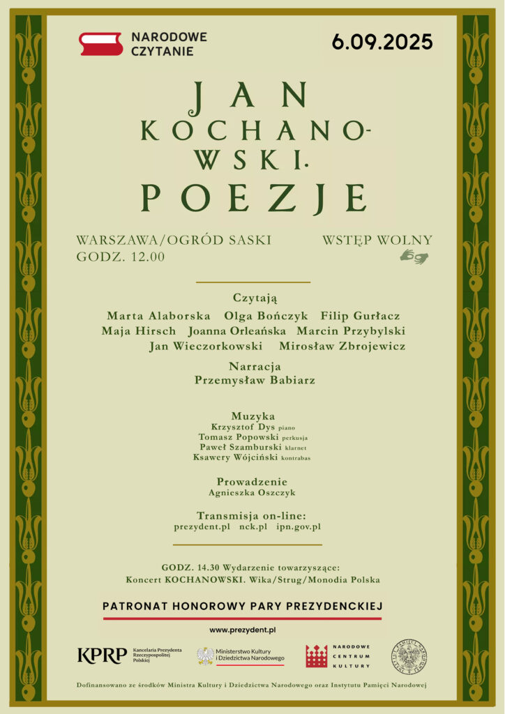 Plakat zapraszający na Narodowe Czytanie poezji Jana Kochanowskiego w Ogrodzie Saskim w Warszawie, 6.09.2025, godz. 12:00.