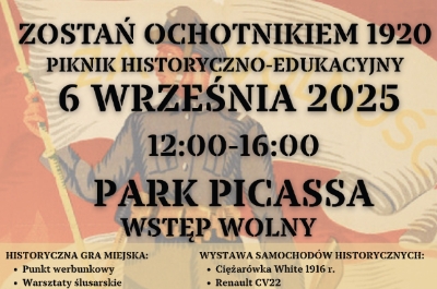 Plakat promujący piknik historyczno-edukacyjny "Zostań ochotnikiem 1920" z datą i godziną, informujący o miejscu i atrakcjach.