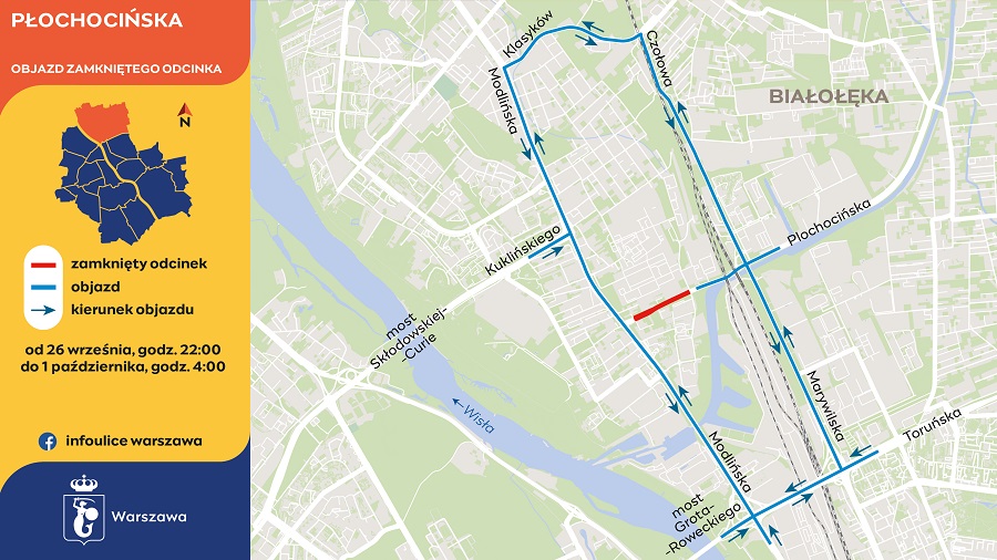 Mapa z informacjami o zamkniętym odcinku ul. Płochocińskiej oraz trasą objazdu.