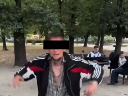 Mężczyzna w sportowej kurtce tańczący w parku, w tle siedzące osoby przy stole.