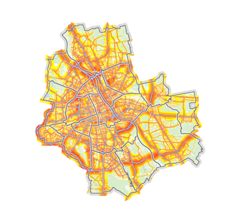 Mapa przedstawiająca sieć ulic w mieście, z kolorowymi strefami wskazującymi gęstość zabudowy.