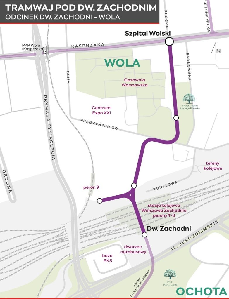 Mapa przedstawiająca trasę tramwaju pod Dworcem Zachodnim, z oznaczeniem przystanków i głównych punktów komunikacyjnych.