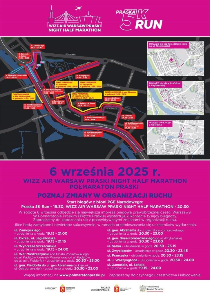 Mapa z informacjami o trasie i organizacji Wizz Air Warsaw Praski Night Half Marathon, z zaznaczonymi punktami i godzinami.