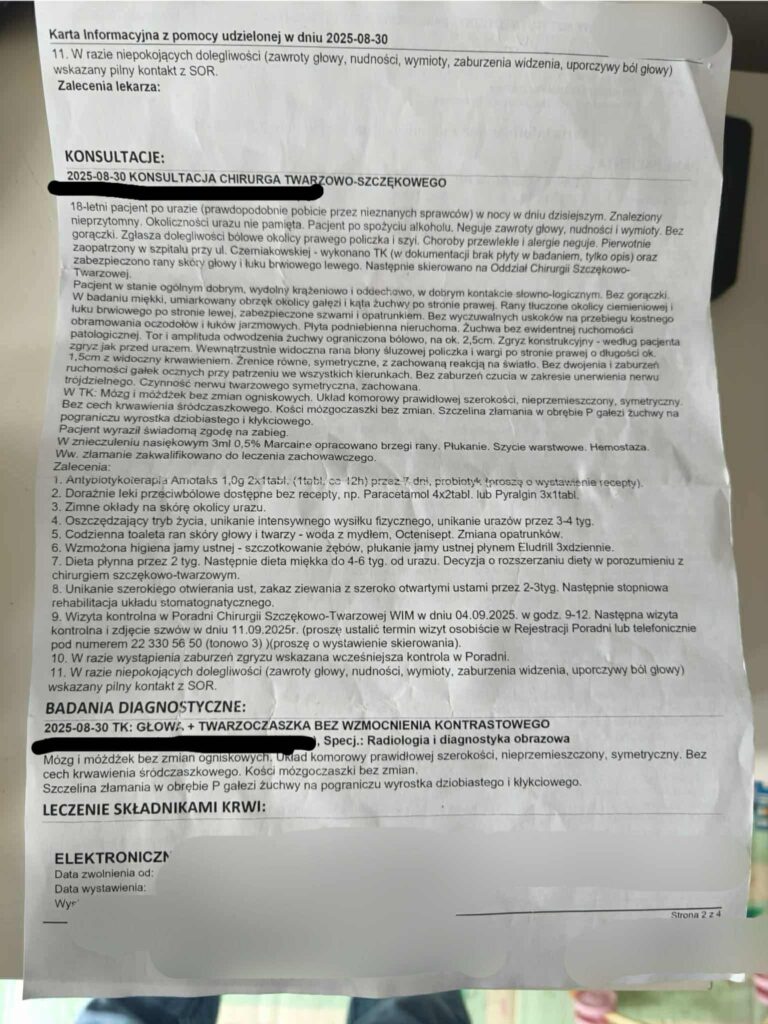 Dokument medyczny z informacjami o konsultacji chirurga twarzowo-szczękowego, zawierający dane pacjenta oraz zalecenia.