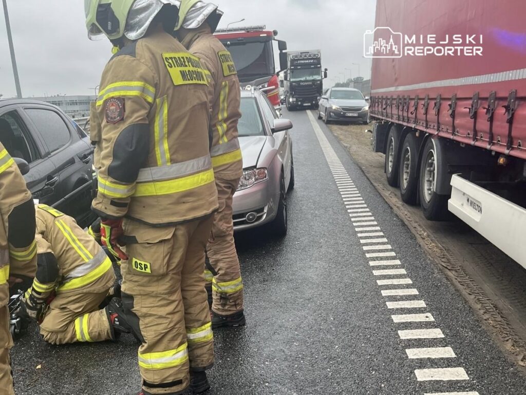 Grupa strażaków w mundurach udziela pomocy poszkodowanemu na poboczu ruchliwej drogi.