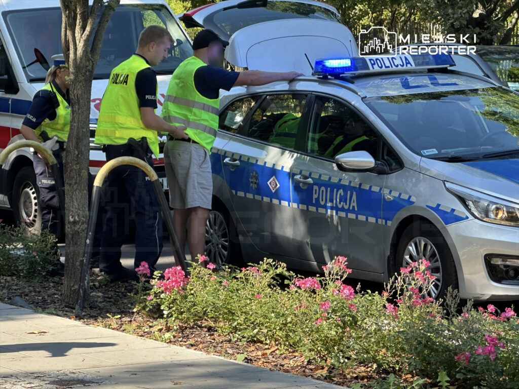 Policjanci w żółtych kamizelkach rozmawiają z mężczyzną obok radiowozu na tle kwitnących kwiatów.