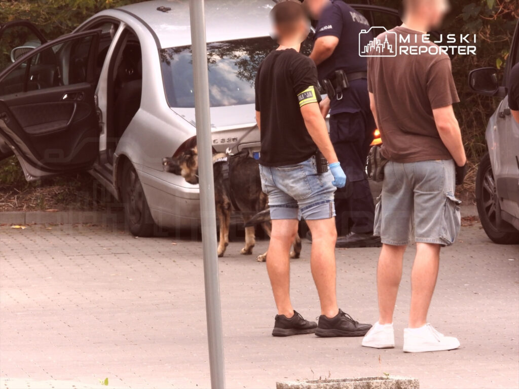 Mężczyzna w krótkich spodniach obserwujący interwencję policji przy unieruchomionym samochodzie osobowym.