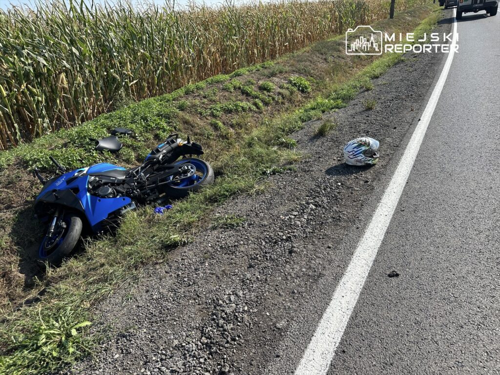 Motocykl w niebieskim kolorze leży na poboczu drogi, obok niego znajduje się kask. W tle widać pole z wysokimi roślinami.