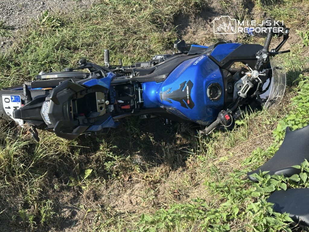 Nieoznakowany niebieski motocykl leży na boku w zaroślach obok drogi, z widocznymi uszkodzeniami.