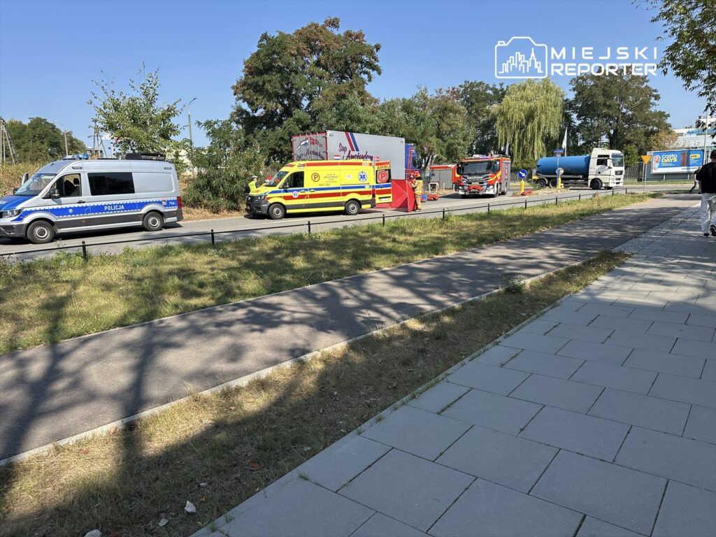 Na poboczu ulicy zaparkowane są pojazdy służb ratunkowych: radiowóz policji, karetka i wóz strażacki.