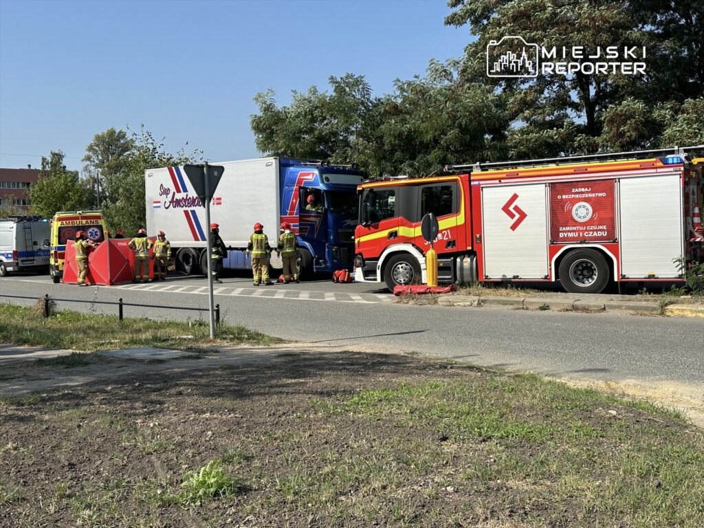 Grupa strażaków w mundurach i kaskach pracuje przy wypadku drogowym, obok ciężarówki i ambulansu.