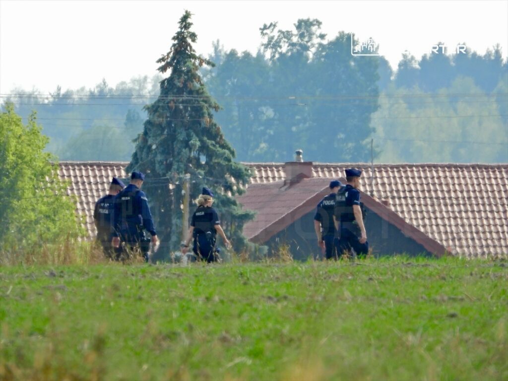 Grupa policjantów w mundurach idzie w kierunku budynków mieszkalnych przez zielone pole.