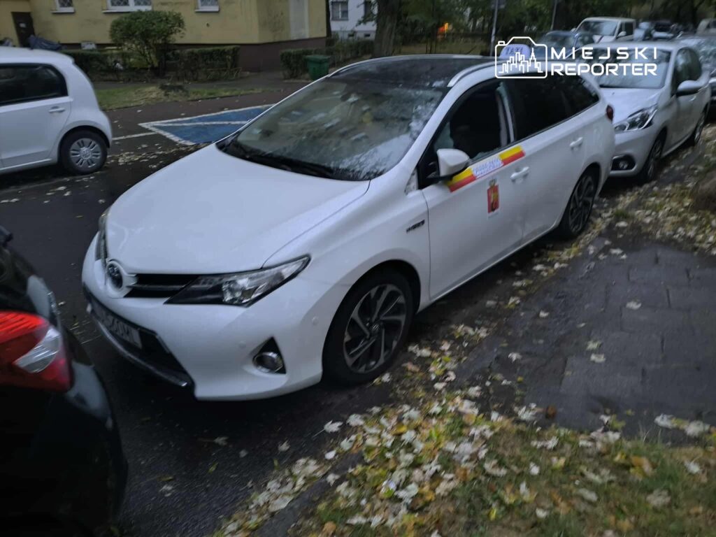 Biały samochód osobowy zaparkowany na ulicy, obok innych pojazdów, w otoczeniu opadłych liści.