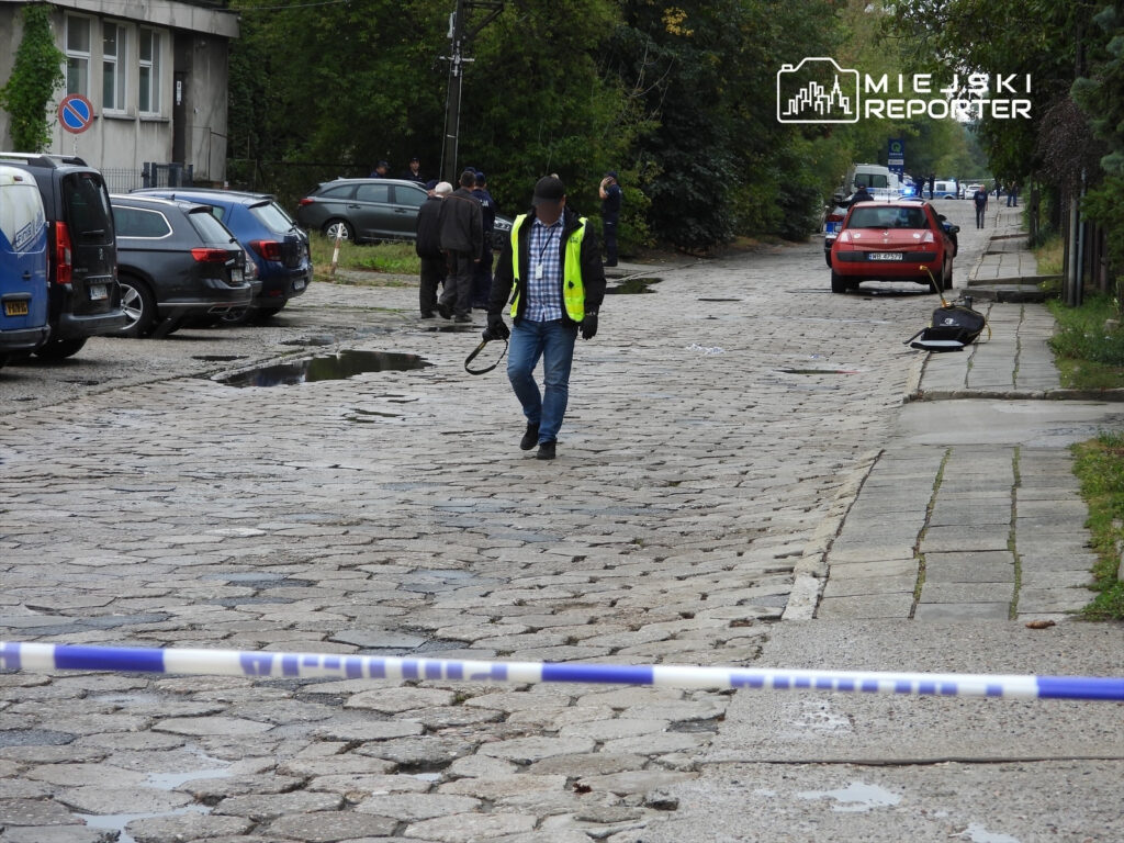 Mężczyzna w odblaskowej kamizelce przeprowadza czynności śledcze na wybrukowanej ulicy, obok zaparkowane samochody.