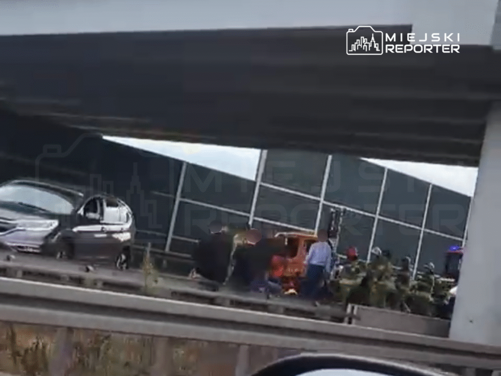 Grupa strażaków i ratowników medycznych udziela pomocy osobom po wypadku drogowym na autostradzie.